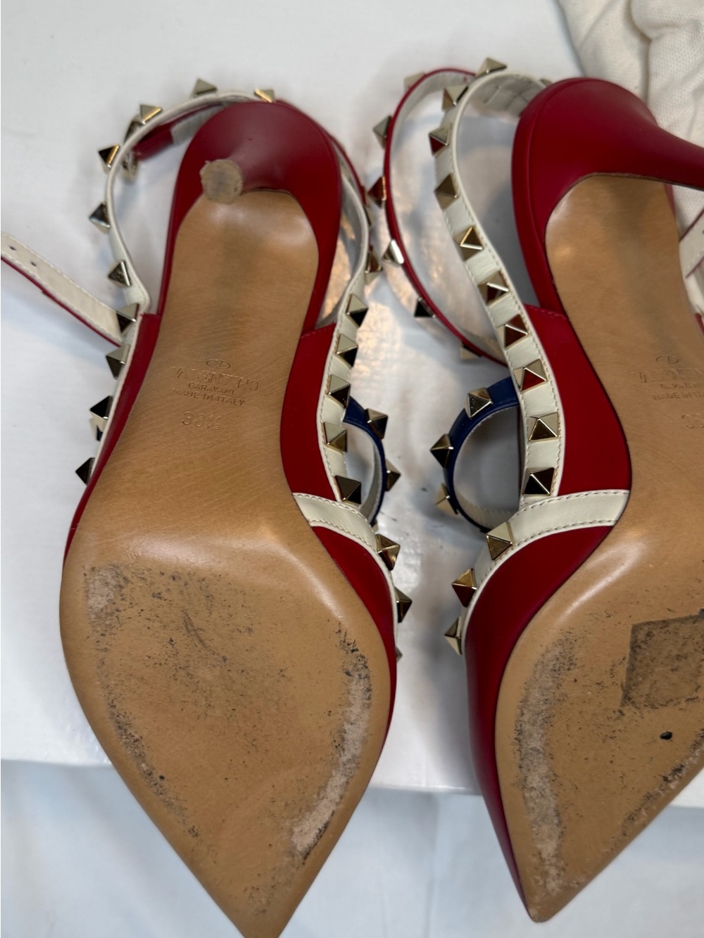 Valentino Red, White & Navy Rockstud Pointed Slingback Heels - Picture 6 of 8